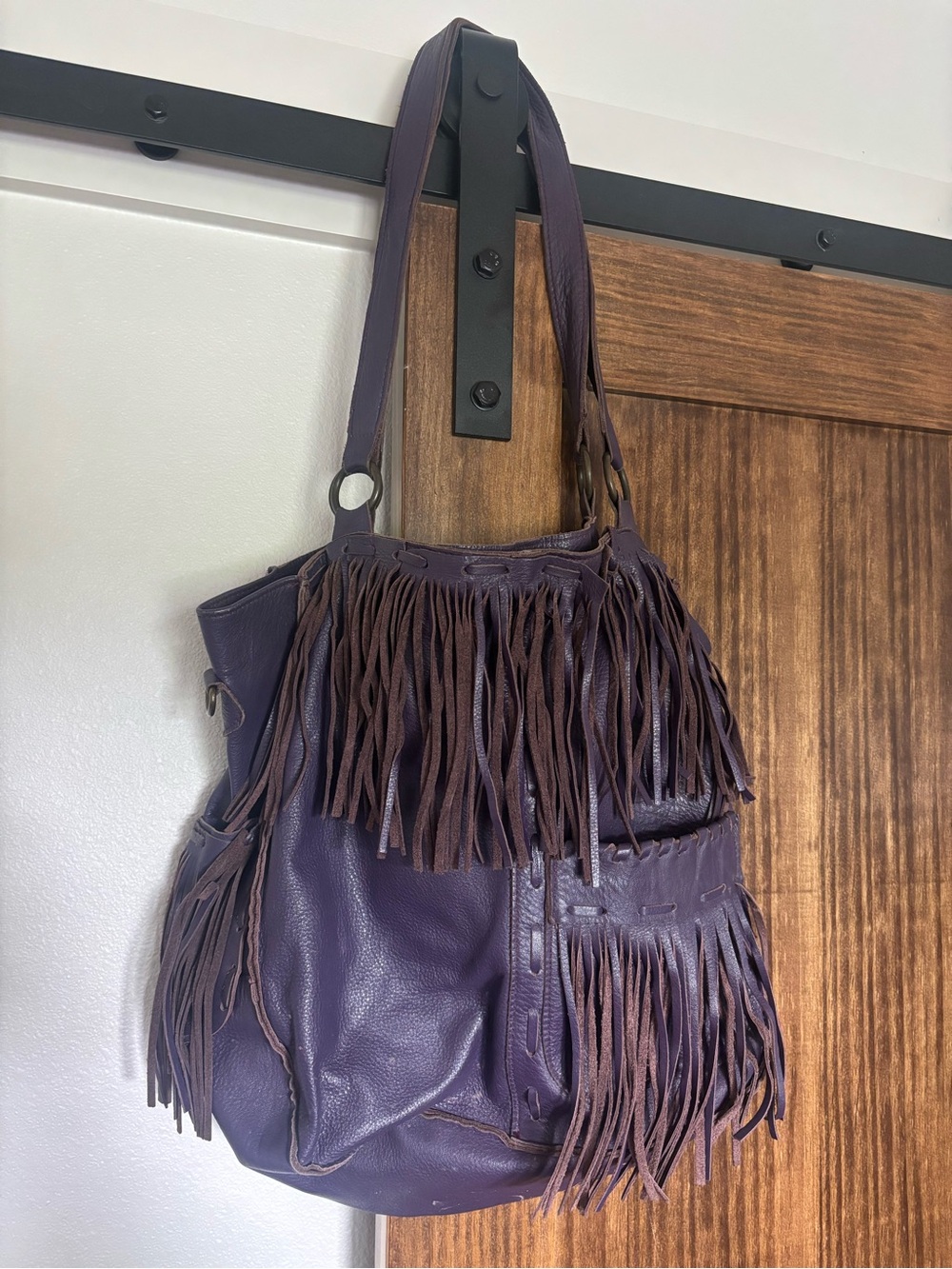 Two Bar West Fringed Purple Leather Shoulder Bag for Women